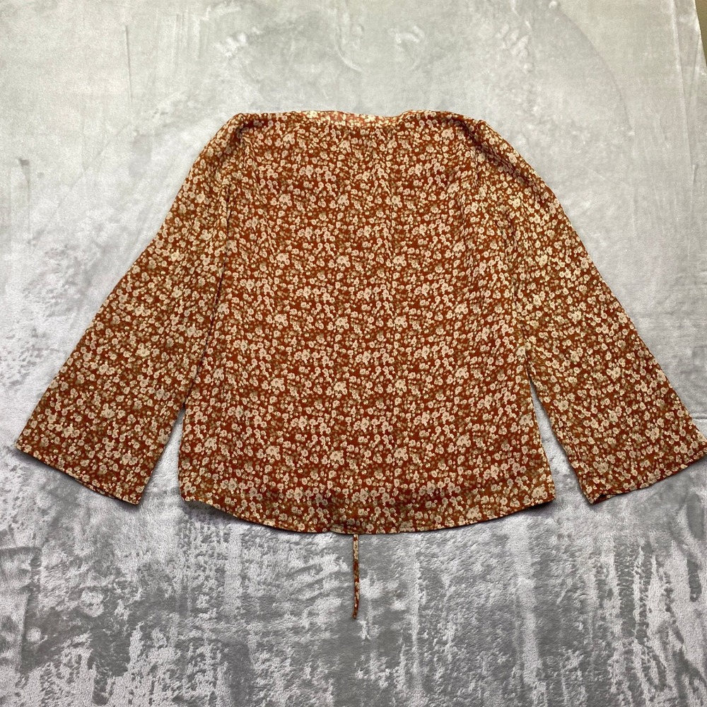 West K Jessica Rust Orange Floral Ditsy Print Tie Neck Bell Sleeve Blouse Sz L‎ - Picture 7 of 8